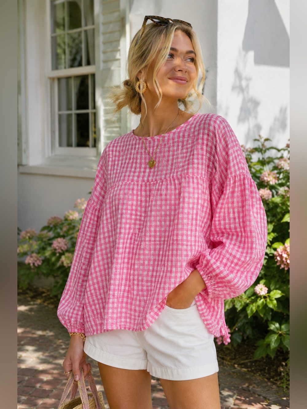 Handmade Pink‎ Gingham Balloon-Sleeve Women's Top